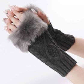 Autumn & Winter Knit Gloves Ribbing Crochet Gloves Women's Plush Warm Fingerless Gloves (Color: Dark Grey)