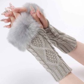 Autumn & Winter Knit Gloves Ribbing Crochet Gloves Women's Plush Warm Fingerless Gloves (Color: Light grey)