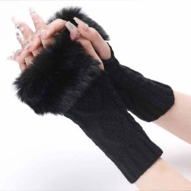 Autumn & Winter Knit Gloves Ribbing Crochet Gloves Women's Plush Warm Fingerless Gloves (Color: Black)