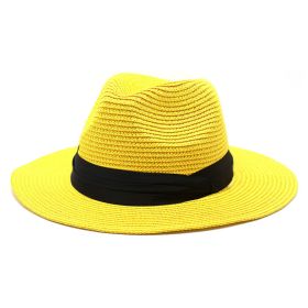Women Men Wide Brim Straw Panama Roll up Hat Fedora Beach Sun Hat UPF50+ (Color: yellow)
