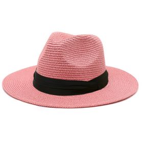 Women Men Wide Brim Straw Panama Roll up Hat Fedora Beach Sun Hat UPF50+ (Color: Pink)