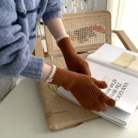 Pure Color Knitted Woolen Gloves Female Winter Screen Student Riding Split Finger Couple Thick Warm Gloves Women Gloves (Color: Carmel)