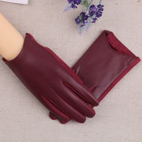 Suede Leather Female Fashion Winter Gloves Thickened Touch Screen Solid Color Glove Warm Driving Gloves Full Fingers Mittens (Color: Wine Red)