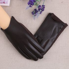 Suede Leather Female Fashion Winter Gloves Thickened Touch Screen Solid Color Glove Warm Driving Gloves Full Fingers Mittens (Color: Dark Brown)
