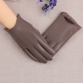 Suede Leather Female Fashion Winter Gloves Thickened Touch Screen Solid Color Glove Warm Driving Gloves Full Fingers Mittens (Color: Khaki)