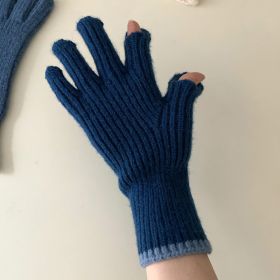 Pure Color Knitted Woolen Gloves Female Winter Screen Student Riding Split Finger Couple Thick Warm Gloves Women Gloves (Color: Sapphire)