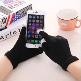 Pure Color Knitted Woolen Gloves Female Winter Screen Student Riding Split Finger Couple Thick Warm Gloves Women Gloves (Color: Black 1)