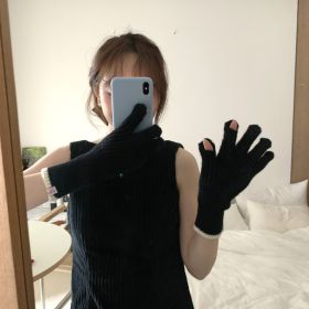 Pure Color Knitted Woolen Gloves Female Winter Screen Student Riding Split Finger Couple Thick Warm Gloves Women Gloves (Color: Black)