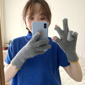 Pure Color Knitted Woolen Gloves Female Winter Screen Student Riding Split Finger Couple Thick Warm Gloves Women Gloves (Color: gray)