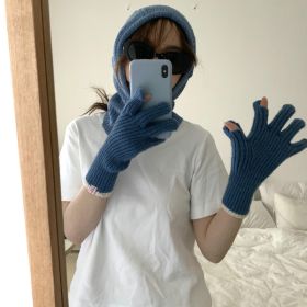 Pure Color Knitted Woolen Gloves Female Winter Screen Student Riding Split Finger Couple Thick Warm Gloves Women Gloves (Color: sky blue)