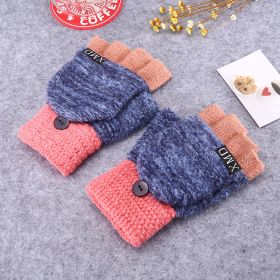 Winter Warm Thickening Wool Gloves Knitted Flip Fingerless Exposed Finger Thick Gloves Without Fingers Mittens Glove Women (Color: Pink blue, Gloves Size: One size)