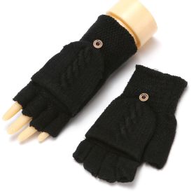 Winter Warm Thickening Wool Gloves Knitted Flip Fingerless Exposed Finger Thick Gloves Without Fingers Mittens Glove Women (Color: A-Black, Gloves Size: One size)