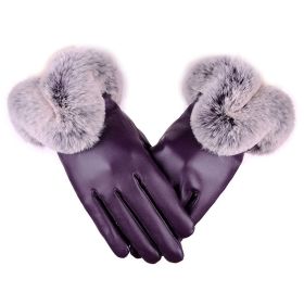 Women Winter Gloves Faux Rabbit PU Leather Touch Screen Mittens Lady Female Outdoor Driving Warm Gloves (Color: Purple, Gloves Size: One size)