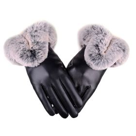 Women Winter Gloves Faux Rabbit PU Leather Touch Screen Mittens Lady Female Outdoor Driving Warm Gloves (Color: Black, Gloves Size: One size)
