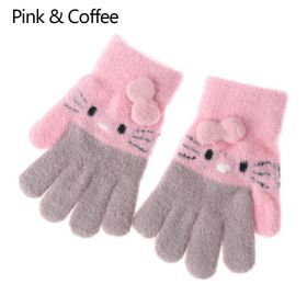 Knitted Gloves Winter Warm Children Full Fingers Mittens Boys Girls Cute Cartoons Soft Gloves (Color: Pink  Coffee)