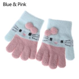 Knitted Gloves Winter Warm Children Full Fingers Mittens Boys Girls Cute Cartoons Soft Gloves (Color: Blue  Pink)