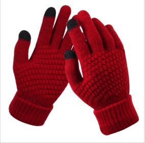 Winter Touch Screen Gloves Women Men Warm Stretch Knit Mittens Imitation Wool Full Finger Guantes Female Crochet Luvas Thicken (Color: Red, Gloves Size: One size)