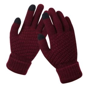 Winter Touch Screen Gloves Women Men Warm Stretch Knit Mittens Imitation Wool Full Finger Guantes Female Crochet Luvas Thicken (Color: Wine Red, Gloves Size: One size)