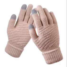 Winter Touch Screen Gloves Women Men Warm Stretch Knit Mittens Imitation Wool Full Finger Guantes Female Crochet Luvas Thicken (Color: Khaki, Gloves Size: One size)