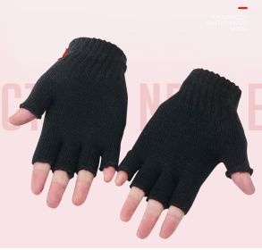 Winter Warm Pure Black Knitted Wool Half Finger Warm Gloves (Color: Black)