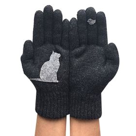 Ladies Woolen Gloves Autumn And Winter Outdoor Warm Dog Bones Printing Gloves (Color: Black)