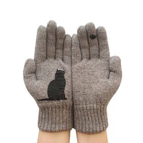 Ladies Woolen Gloves Autumn And Winter Outdoor Warm Dog Bones Printing Gloves (Color: Brown)