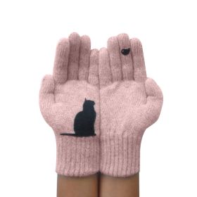 Ladies Woolen Gloves Autumn And Winter Outdoor Warm Dog Bones Printing Gloves (Color: Pink)