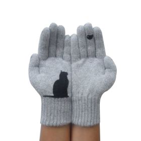 Ladies Woolen Gloves Autumn And Winter Outdoor Warm Dog Bones Printing Gloves (Color: Grey)