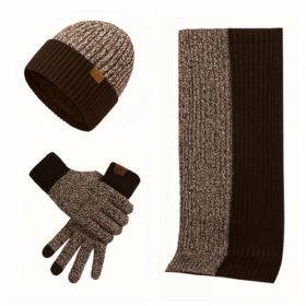 3Pcs Winter Scarf Hat Gloves Kit Beanie Hat & Long Scarf & Gloves Gift (Color: Coffee)