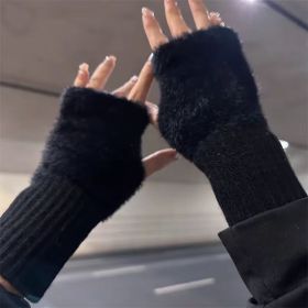Plush Spliced Knitted Gloves, Fashionable Solid Color Fingerless Gloves With Thumb Holes, Soft And Multi-functional Writing Gloves For Cold Prote (Color: Black)